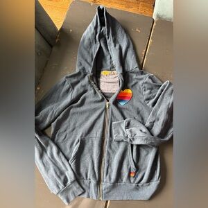 Aviator Nation Gray Zip Hoodie with Rainbow Heart Patch